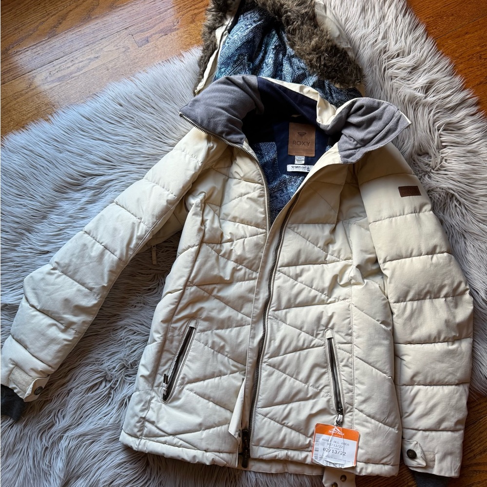 Roxy Beige Puffer Jacket with Faux Fur Trim
